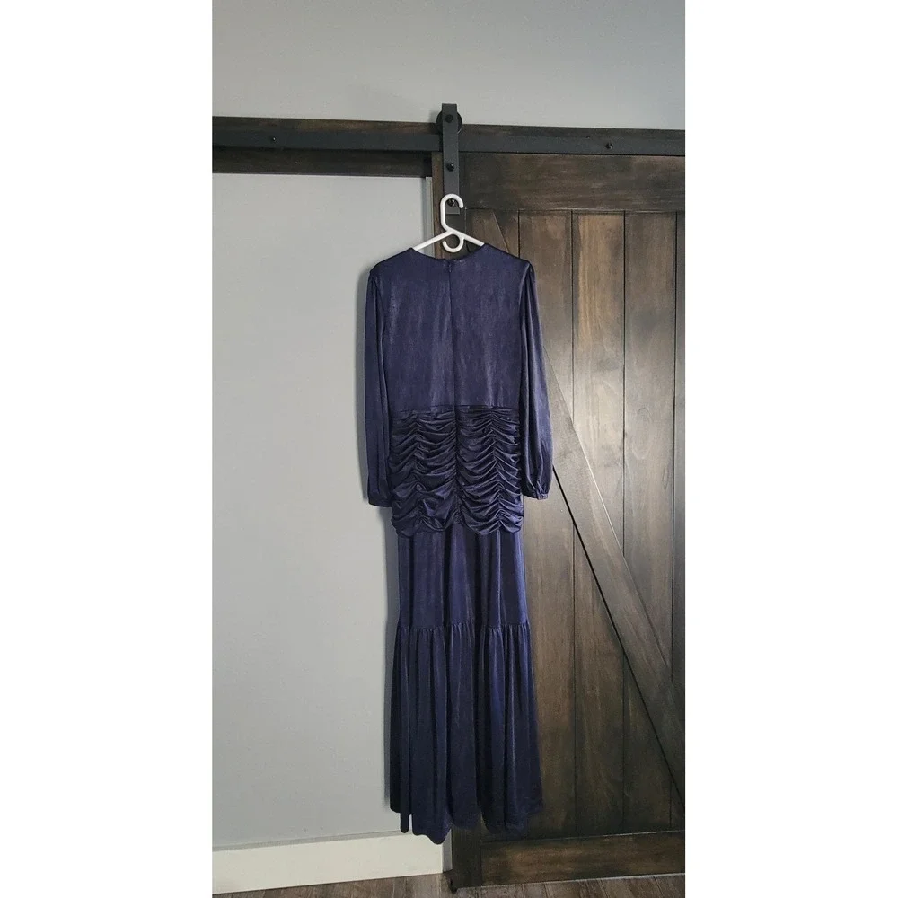 Dress The Population Blue Satin Maxi Dress Ruched Long Sleeve Formal Gown XL NEW - Picture 7 of 11